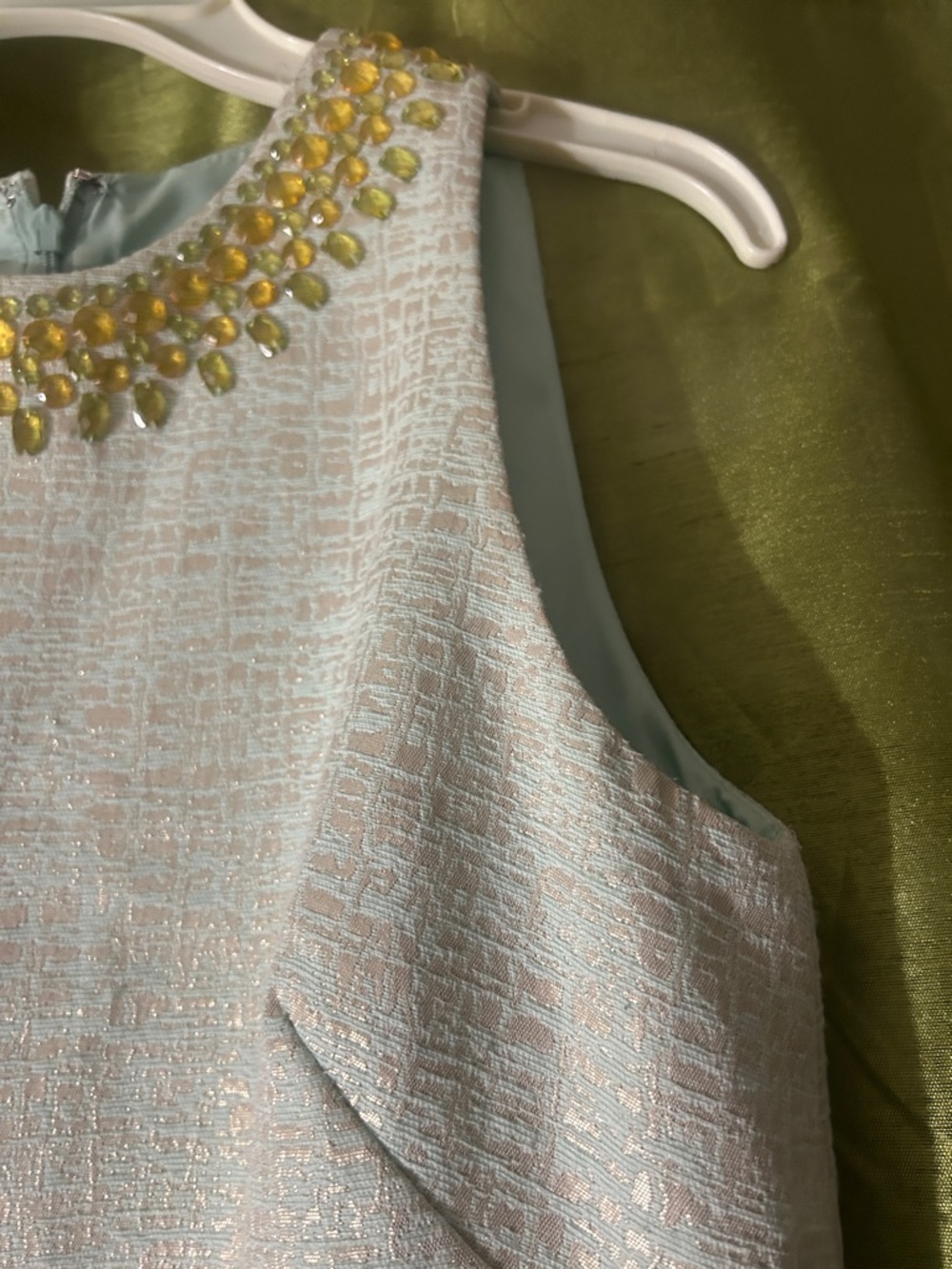 Maggy London Pale Blue Shift Dress with Gold Beaded Neckline - Picture 4 of 7